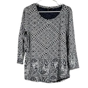 NWT Lucky Brand Navy Blue/White 3/4 Sleeve Geometric Paisley Boho Casual Blouse